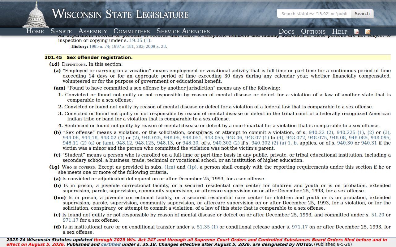 Wisconsin registration statute for Portage County sex offender records