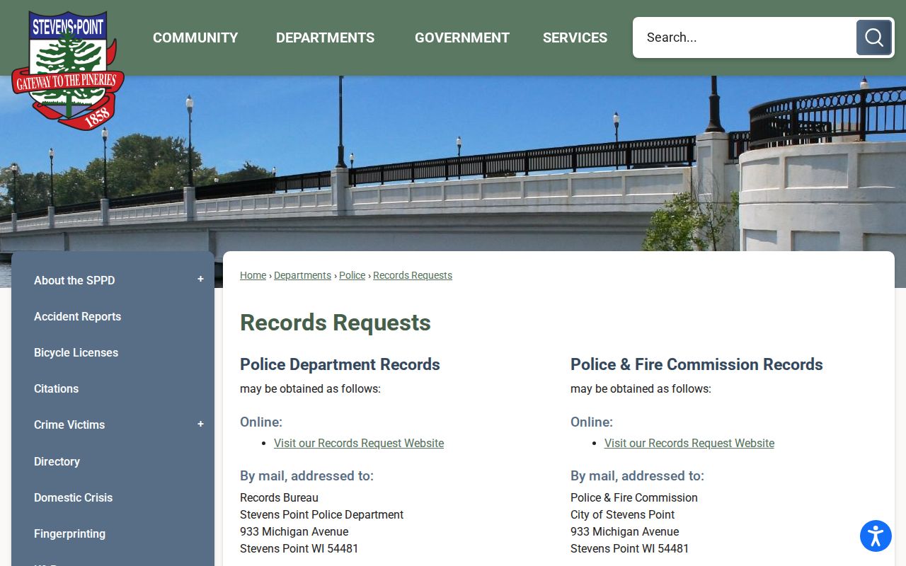 Stevens Point Police criminal records request information